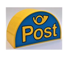Duplo, Brick 2 x 4 x 2 Curved Top with 'Post' and Horn Yellow on Blue Background Pattern
