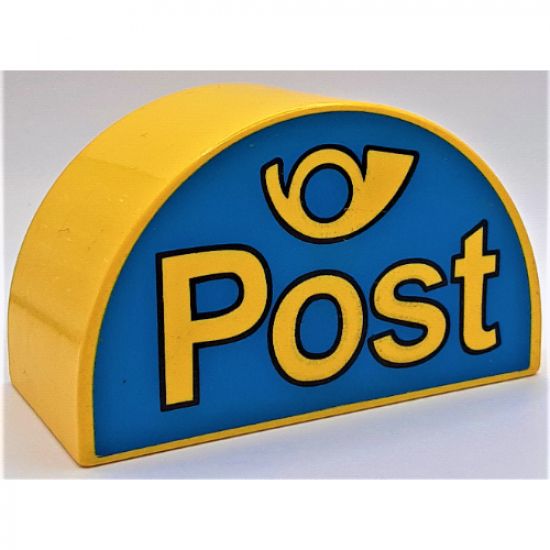 Duplo, Brick 2 x 4 x 2 Curved Top with 'Post' and Horn Yellow on Blue Background Pattern