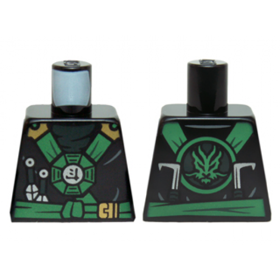 Torso Ninjago Green and Gold Straps and Belt, Round Emblem, Weapons and Dark Green Undershirt Pattern