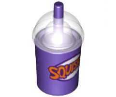 Minifigure, Utensil Cup, Dome Lid Cup and Straw with Trans-Clear Lid and Dark Purple and Orange 'SQUISHEE' Pattern