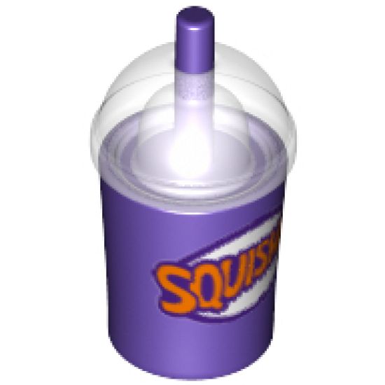 Minifigure, Utensil Cup, Dome Lid Cup and Straw with Trans-Clear Lid and Dark Purple and Orange 'SQUISHEE' Pattern