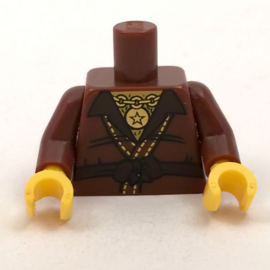 Torso Ninjago Robe with Open Shirt Collar, Belt, Gold Chain with Star Pendant and Gold Star on Back Pattern / Reddish Brown Arms / Yellow Hands