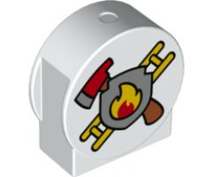 Duplo, Brick 1 x 3 x 2 Round Top, Cut Away Sides with Fire Axe, Ladder and Shield Pattern