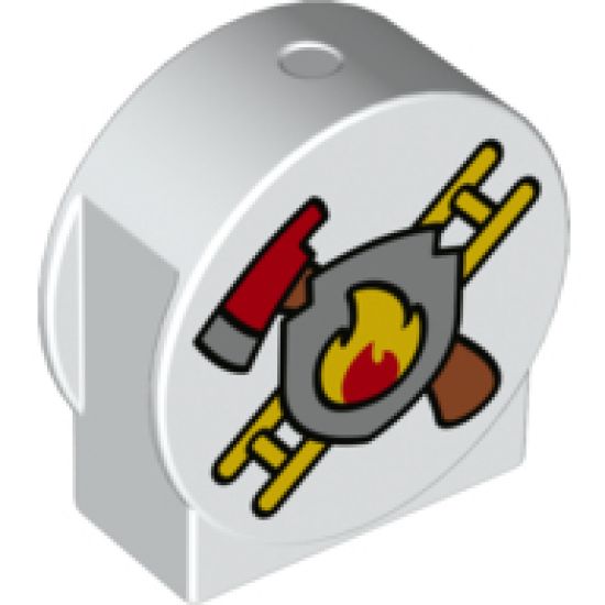 Duplo, Brick 1 x 3 x 2 Round Top, Cut Away Sides with Fire Axe, Ladder and Shield Pattern