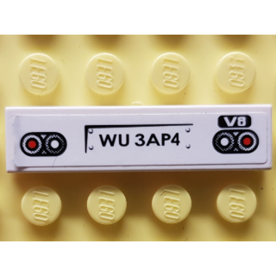 Tile 1 x 4 with Red and White Taillights, Black 'WU 3AP4' and White 'V8' Pattern (Sticker) - Set 8681