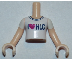Mini Doll, Torso Friends Girl White T-Shirt with 'I Heart HLC' Pattern, Light Nougat Arms with Hands with White Short Sleeves