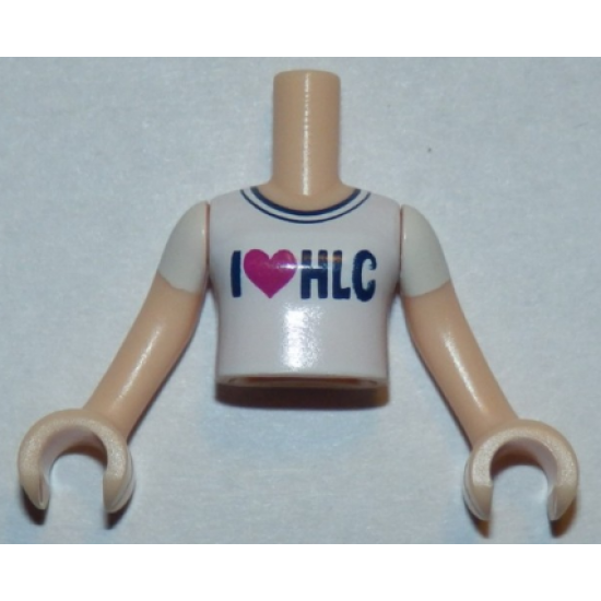 Mini Doll, Torso Friends Girl White T-Shirt with 'I Heart HLC' Pattern, Light Nougat Arms with Hands with White Short Sleeves