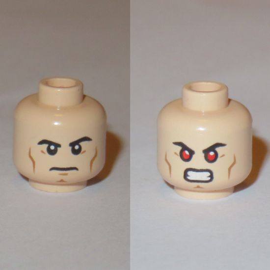 Minifigure, Head Dual Sided Black Eyebrows, Cheek Lines, Chin Dimple, Determined / Bared Teeth with Red Eyes Pattern (Superman) - Hollow Stud