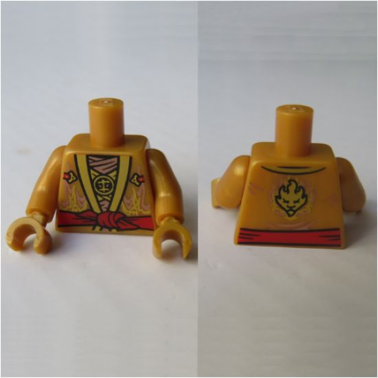 Torso Ninjago Robe, Metallic Gold and Copper Flames, Red Sash Pattern / Pearl Gold Arms / Pearl Gold Hands