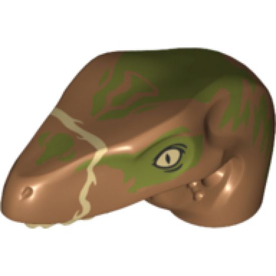 Animal, Body Part Dinosaur Head Raptor with Pin Hole, Tan Teeth and Olive Green Splotches Pattern