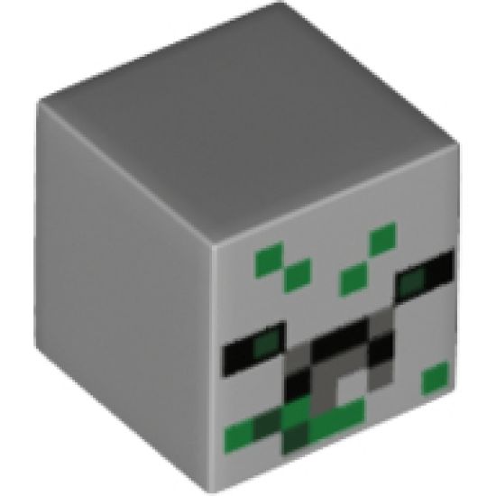 Minifigure, Head, Modified Small Cube with Black, Dark Bluish Gray and Green Pixelated Pattern (Minecraft Baby Zombie Pigman Head)