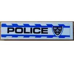 Tile 1 x 4 with Black 'POLICE' and Silver Star Badge and Blue Stripes Pattern Model Right Side (Sticker) - Set 8182