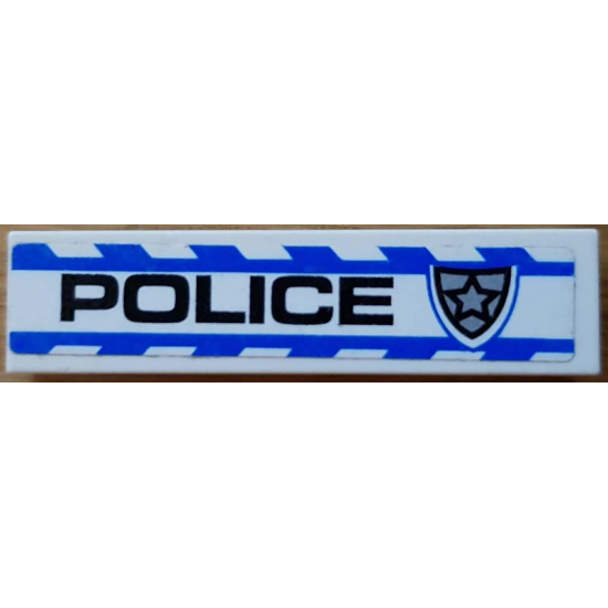 Tile 1 x 4 with Black 'POLICE' and Silver Star Badge and Blue Stripes Pattern Model Right Side (Sticker) - Set 8182