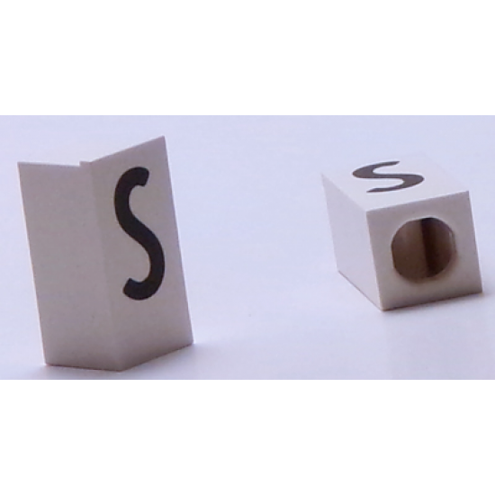 Tile, Modified 1 x 2 x 5/6 with Stud Hole in End and Black 'S' Upper Case Pattern