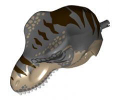Animal, Body Part Dinosaur Head Tyrannosaurus rex with Pin, White Teeth, Dark Bluish Gray Top and Dark Brown Stripes Pattern