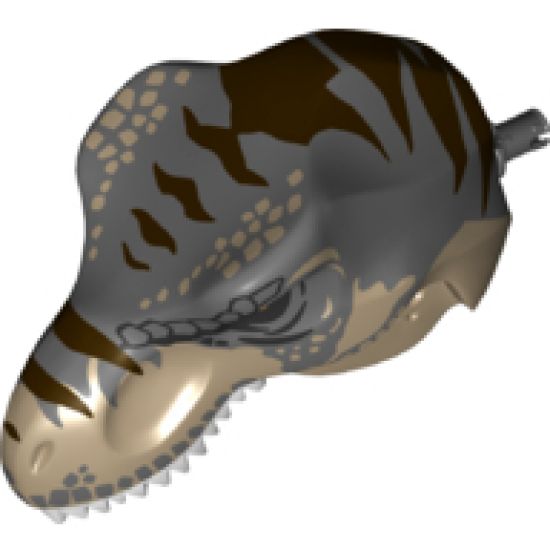 Animal, Body Part Dinosaur Head Tyrannosaurus rex with Pin, White Teeth, Dark Bluish Gray Top and Dark Brown Stripes Pattern