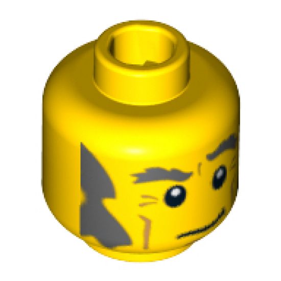 Minifigure, Head Male Dark Bluish Gray Eyebrows, Bushy Sideburns and Crooked Smile Pattern - Blocked Open Stud