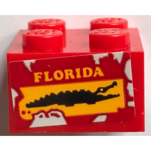 Brick 2 x 2 with Yellow 'FLORIDA' and Black Crocodile on Red Background Pattern (Sticker) - Set 70907