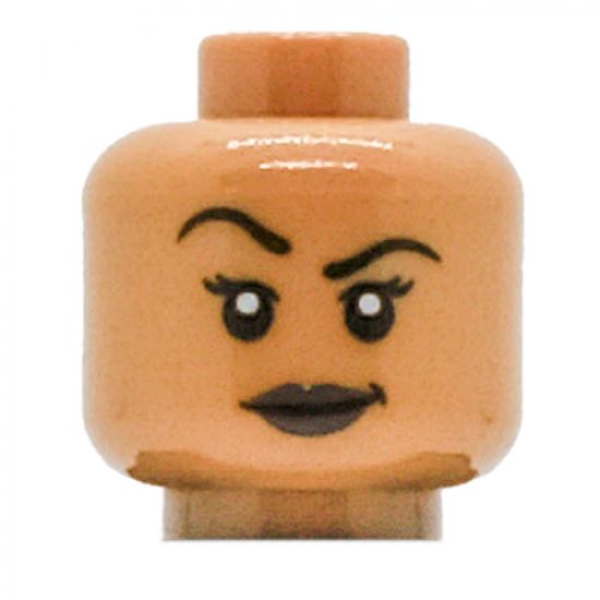 Minifigure, Head Dual Sided Black Eyebrows, Eyelashes, White Pupils, Smirk / Raised Right Eyebrow, Smile Pattern (Vixen) - Hollow Stud