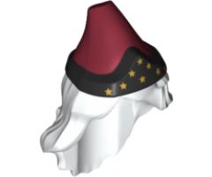 Minifigure, Hair Combo, Hat with Hair, Long and Wavy with Dark Red Pointed Hat, Black Band and Gold Stars Pattern