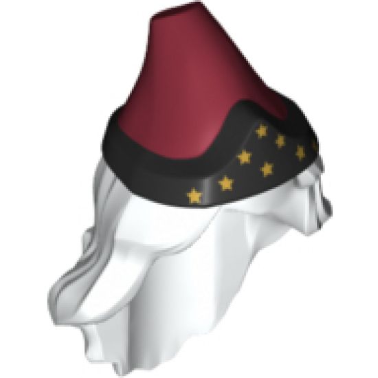 Minifigure, Hair Combo, Hat with Hair, Long and Wavy with Dark Red Pointed Hat, Black Band and Gold Stars Pattern