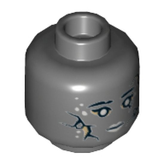 Minifigure, Head Dual Sided Alien PotC Black Cracks, Light Bluish Gray Spots and Lips, Neutral / Bared Teeth Angry Pattern - Hollow Stud