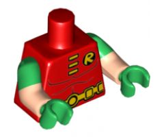 Torso Batman 'R' Symbol, Muscles Outline, 3 Yellow Clasps and Utility Belt Pattern / Light Nougat Arms with Green Short Sleeves Pattern / Green Hands