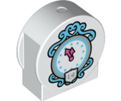Duplo, Brick 1 x 3 x 2 Round Top, Cut Away Sides with Dark Azure and Silver Clock Face, Dark Pink Clock Hands, and 'C' in Shield Pattern