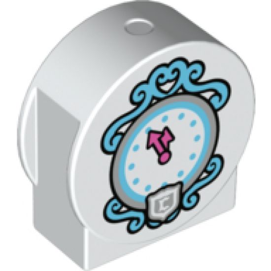 Duplo, Brick 1 x 3 x 2 Round Top, Cut Away Sides with Dark Azure and Silver Clock Face, Dark Pink Clock Hands, and 'C' in Shield Pattern