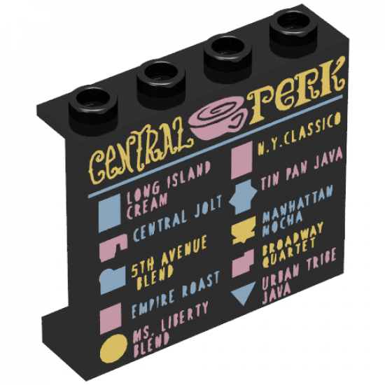 Panel 1 x 4 x 3 with Side Supports - Hollow Studs with 'CENTRAL PERK' Coffee Menu Pattern