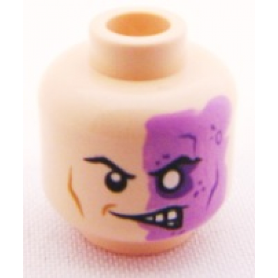 Minifigure, Head Male Half Normal, Half Purple with Scar and No Pupil Pattern (Two-Face) - Blocked Open Stud