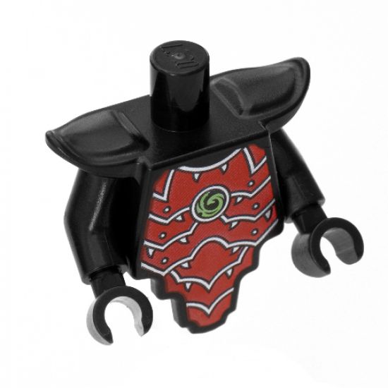 Torso, Modified Short with Smooth Armor Breastplate with Shoulder Pads and Red Armor Plates, Silver Edges and Lime Swirl Pattern / Black Arms / Black Hands