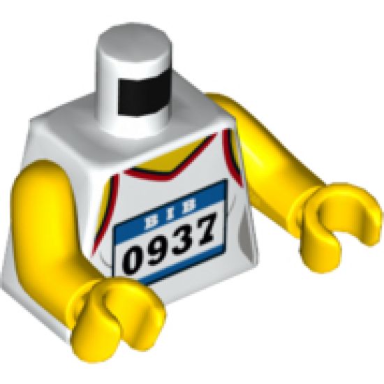 Torso Female Shirt, Red Hems and Race Bib with 'BIB 0937' Pattern / Yellow Arms / Yellow Hands