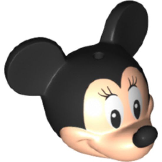 Minifigure, Head, Modified Mouse with Black Ears and Nose and White Eyes with Eyelashes Pattern (Minnie)