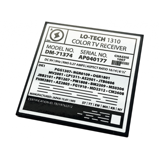 Tile 6 x 6 with Bottom Tubes with Television Serial Model Number Panel 'LO-TECH 1310 COLOR TV RECEIVER' Pattern (Sticker) - Set 71374