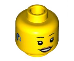 Minifigure, Head Female Black Eyebrows, Peach Lips, Smile with Open Mouth and Teeth, Hearing Aid Pattern - Hollow Stud