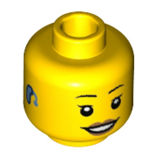 Minifigure, Head Female Black Eyebrows, Peach Lips, Smile with Open Mouth and Teeth, Hearing Aid Pattern - Hollow Stud