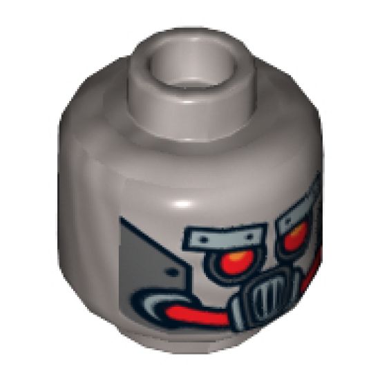 Minifigure, Head Alien with Robot Red Eyes and Mouth and Silver Metal Plates Eyebrows and Mask Pattern - Hollow Stud
