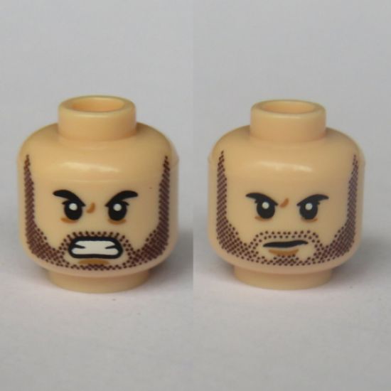 Minifigure, Head Dual Sided Dark Brown Heavy Stubble, Small Scowl / Furious Expression Pattern - Hollow Stud