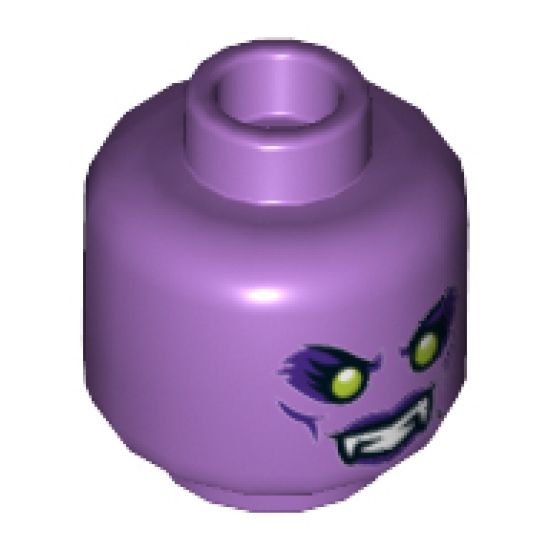 Minifigure, Head Alien Female, Fangs, Lime Eyes and Dark Purple Eye Shadows Pattern - Hollow Stud