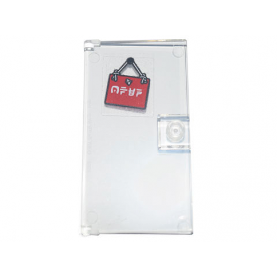Door 1 x 4 x 6 with Stud Handle with Red Sign Hanging on White String with Ninjago Logogram 'Open' Pattern (Sticker) - Set 71741