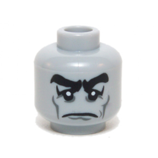 Minifigure, Head Male Black Bushy Eyebrows, Sad Eyes with White Pupils, Cheek Lines Pattern - Blocked Open Stud