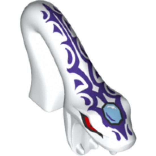 Minifigure, Head, Modified Snake Long Neck with Open Mouth with Red Eyes, Bright Light Blue Gem and Dark Purple Tribal Tattoos Pattern