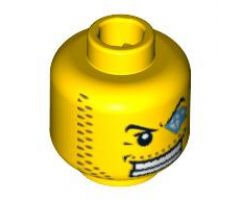 Minifigure, Head Male Arched Eyebrow, White Teeth, Course Stubble, Jewel over Left Eye Pattern - Blocked Open Stud