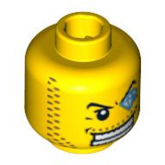 Minifigure, Head Male Arched Eyebrow, White Teeth, Course Stubble, Jewel over Left Eye Pattern - Blocked Open Stud