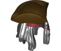 Minifigure, Hair Combo, Hair with Hat, Dreadlocks with Beads, Dark Red Bandana Pattern and Pirate Tricorne / Triangle