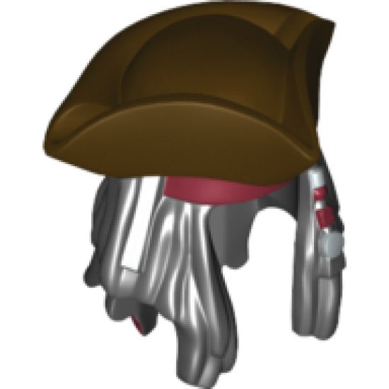 Minifigure, Hair Combo, Hair with Hat, Dreadlocks with Beads, Dark Red Bandana Pattern and Pirate Tricorne / Triangle