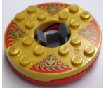 Turntable 6 x 6 x 1 1/3 Round Base with Pearl Gold Top with Gold Faces on Red Pattern (Ninjago Spinner)