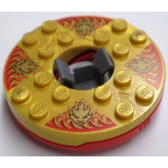 Turntable 6 x 6 x 1 1/3 Round Base with Pearl Gold Top with Gold Faces on Red Pattern (Ninjago Spinner)