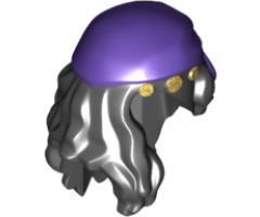 Minifigure, Hair Female Mid-Length with Part over Front of Right Shoulder with Dark Purple Cloth Wrap / Bandana and 3 Gold Coins Pattern